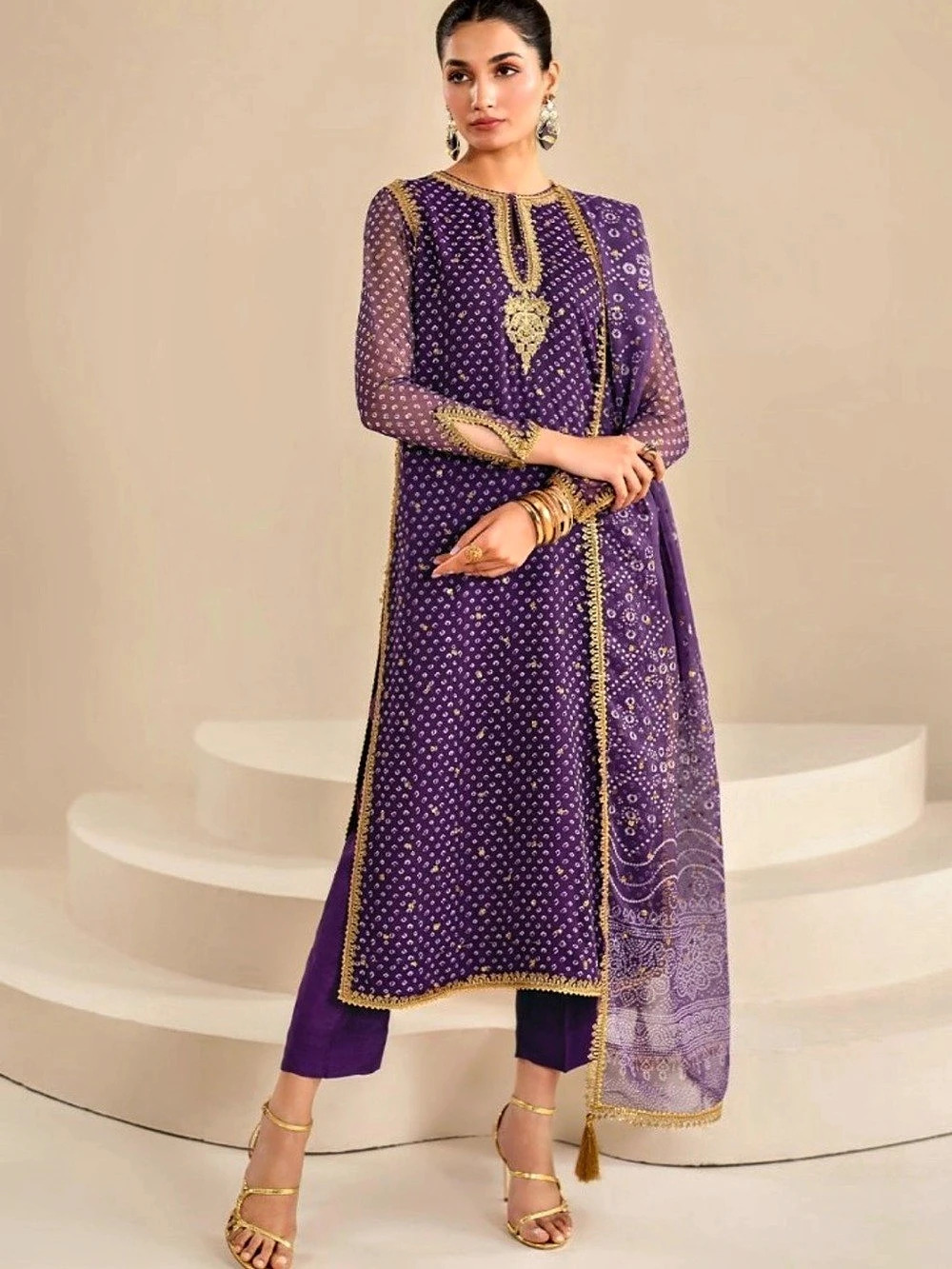 Pakistani  Chiffon Embroidery Bandhani Print Salwar Suit Set Purple & Gold Like